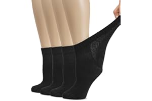HUGH UGOLI Women's Cotton Diabetic Ankle Socks, Wide, Thin, Loose Fit and Stretchy, Seamless Toe & Non Binding Top, 4 Pairs