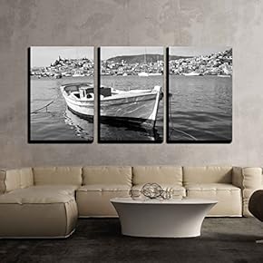 3 Piece Canvas Wall Art - View of Poros Island, Greece and Boat in Black and White - Modern Home Art Stretched and Framed Ready to Hang - 16"x24"x3 Panels