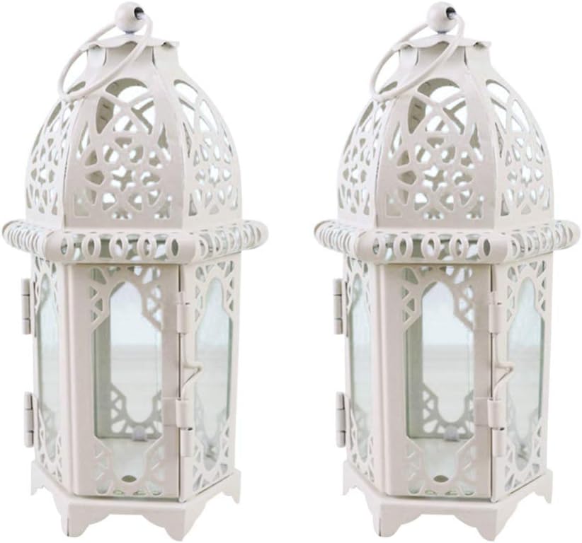 Mobestech 2 pcs Moroccan Candle Lantern Metal Glass Moroccan Tealight Candle Holders Windproof Lantern for Home Decor Balcony Garden