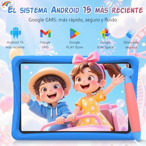 TABWEE K10 Kids Tablet 10 Inch, Android 15 Kids Tablet, 12 GB RAM (4+8) 64 GB ROM (TF 2 TB), Wi-Fi, Parental Control, Children's Educational Tablet with Blue Case