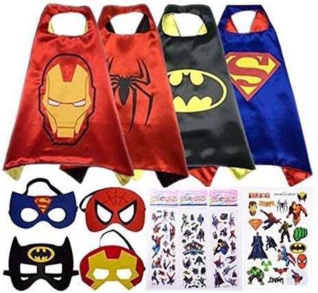 Sasha Kids Comics Cartoon Hero Dress Up Satin Capes with Felt Mask 4 Costume Sets for kids with Bonus Stickers and Tattoo