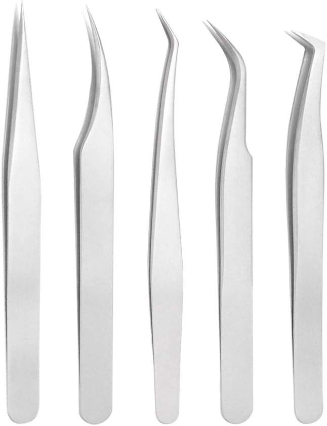 NOVPEAK 5 Pcs Eyelash Extension Tweezers Set, Eyelash Applicator Tool Curved and Straight Pointed Tweezers Lash Extension Supplies Professional Stainless Steel Precision Tweezers Silver (Matte)