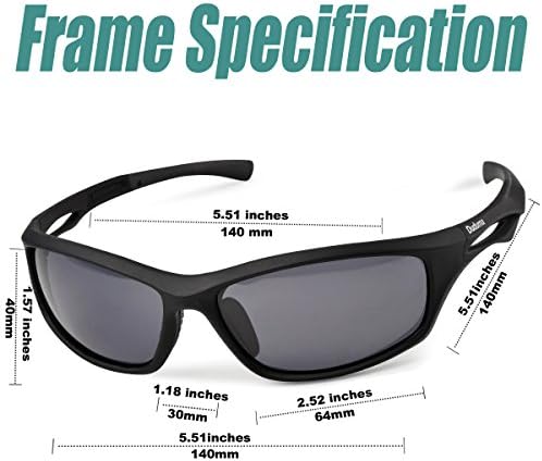 Black Duduma sports sunglasses with polarized lens and 6 inches width.