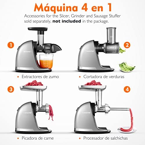 AMZCHEF Espremedor de pressão a frio - Extrator de sumos e vegetais - Espremedores para sumos com 2 tanques e escova - Máquina de espremedor lento de pressão a frio com função de mastigação inversa - Prata