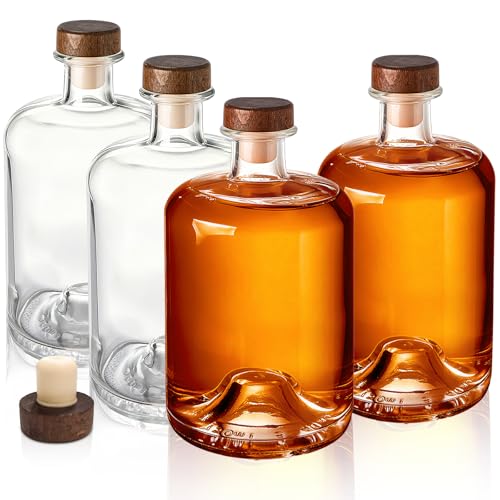 WRINGKIT 4 Pack Glass Liquor Bottles, 25 Oz Clear Wine Bottles with T-Top Cork Stopper, Heavy Base Vodka Whiskey Bottle Dispenser for Beverages, Drinks, Oil, Vinegar, Kombucha Beer
