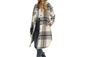 Kwoki Women's Long Plaid Shirt Jacket Casual Loose Fit Button Down Lapel Wool Blend Trench Coat Shackets