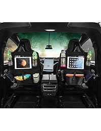 Organizador de asiento trasero de coche y ganchos de metal para reposacabezas (2 juegos)   Soporte de pantalla táctil para tabletas + bolsillos de almacenamiento extra grandes y protectores de asiento trasero para niños
