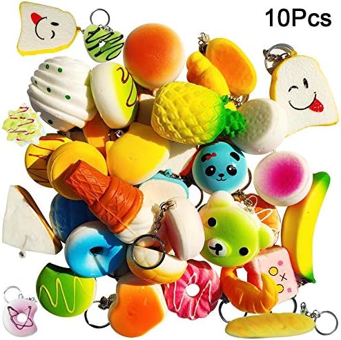 10Pcs Kawaii Squishies Toys Package Slow Rising Stress Relief Toy Mini Squishy Toy with Key Chain for Girls Boys Adults