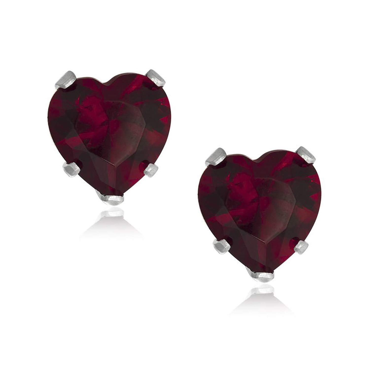 6MM Heart Cut CZ Birthstone Stud Earrings/Ear Studs for Women - 925 Sterling Silver - Garnet Red