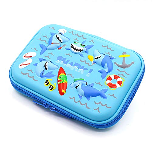 Baby Shark Embossed Hardtop Pencil Case - Cute Boys School Supply Stationery Organizer - Large Capacity Pen Box Pouch Bag for Kids (Light Blue)