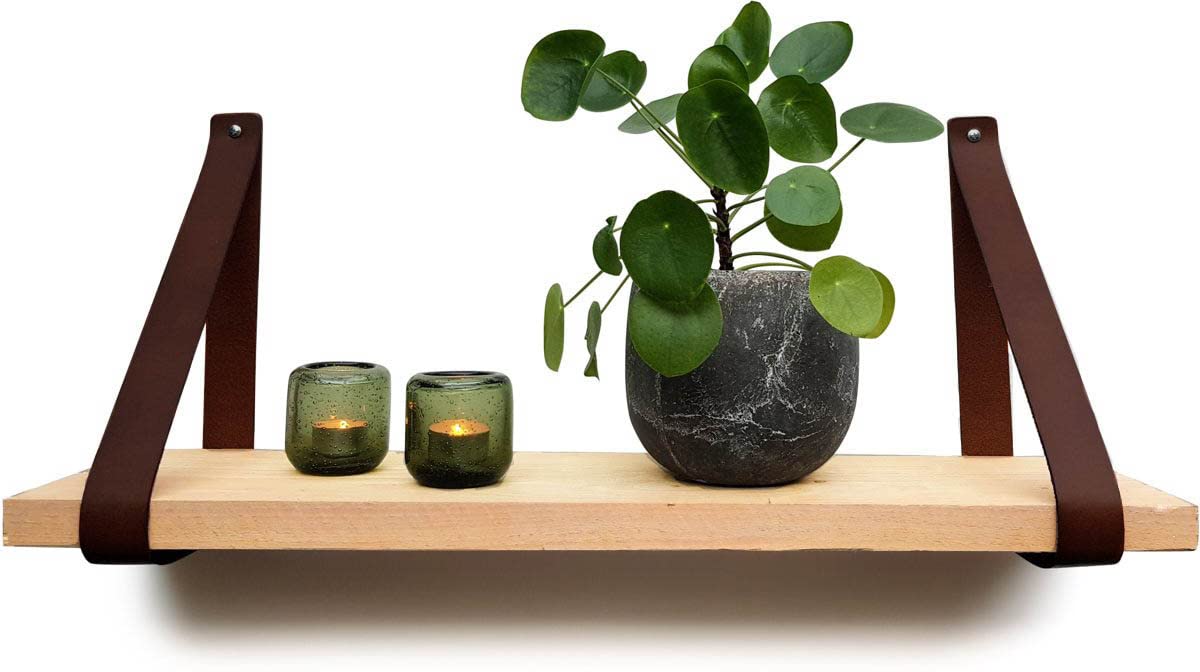 Brute Strength - Leather Shelf Brackets - Brown - 4 Pieces - Floating Shelf Set - Wall Brackets - Shelf Straps - Full Grain Leather