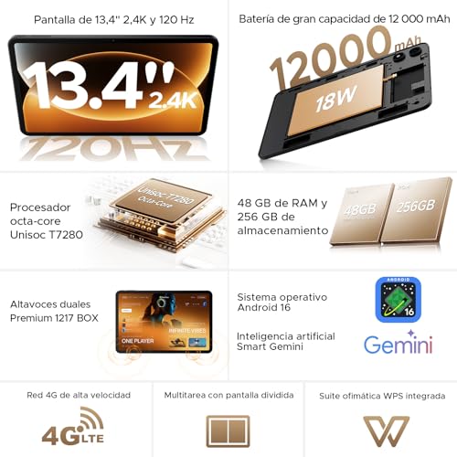 P13 Pro Tablet 13.4 Inch 120Hz Android 16, 48GB RAM + 256GB(TF 2TB) Tablet with Keyboard and Pen, T7280 Octa-Core, 12000mAh/18W, 16MP+8MP, Gemini AI, Widevine L1, Face ID, Dual SIM 4G, Black