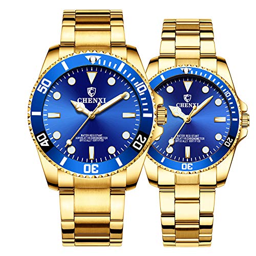 Couple Watches Classic Golden Stainless Steel Watch His and Hers Waterproof Quartz Watch Gifts Set of 2 (Gold Blue)