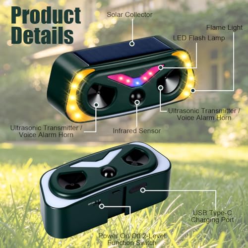 AYESY Ultrasónico Repelene de Animales, Repelente Gatos Solar con Luz LED Ahuyentador Gatos Perros Roedores, Resistente al Agua para Jardín Patio Granja Recargable Sensor Infrarrojo sin Dañar Animales