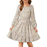 GRACE KARIN Girls Fall Dress Floral Long Sleeve Midi with Smocked Waist for Holiday Party 6-14Y