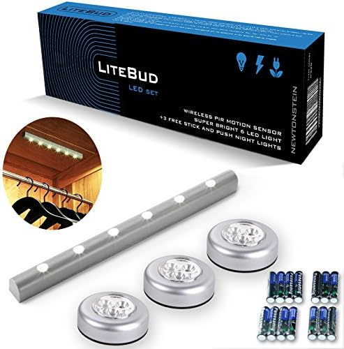 LiteBud - Wireless PIR Motion Sensor Super Bright 6 LED light +3 FREE Stick and Push Night Lights for Cabinet, Drawer, Self Stick, No screws required, Battery operated (14 included) - Grey