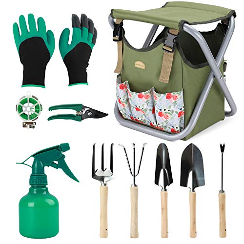 12 pcs Garden Tools Set, Gardening Hand Tools Set with Folding Chair