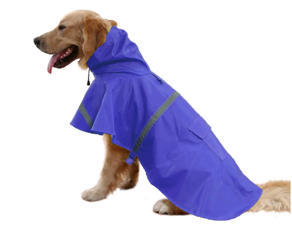 Photo 1 of Large Dog Raincoat Adjustable Pet Waterproof Clothes Lightweight Rain Jacket Poncho Hoodies with Strip Reflective(Dark Blue,L)