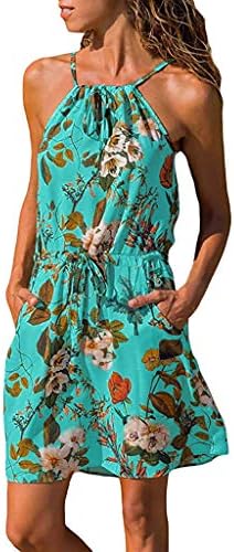 OYSOHE Women Summer Sleeveless Boho Printed Elastic Waist Pocket Casual Beach Mini Dress
