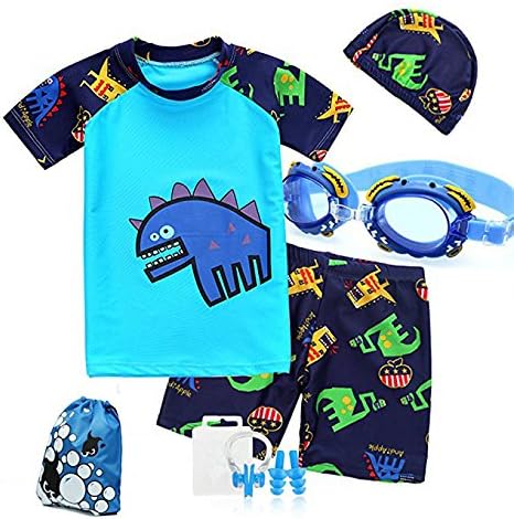 Swimusa Children Swimming Equipment Swimming Shirt Coat Swim Underwear Pant Swim Caps Glasses Swimming Equipment Bags Swimming Nose Clips Earplugs Set(11T,Blue Set)