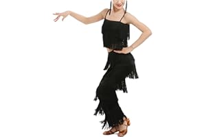 BK FASO Girls 2 Pcs Latin Dance Costume Sets Tassel Camisole Tops Fringe Pants Modern Salsa Ballroom Outfits