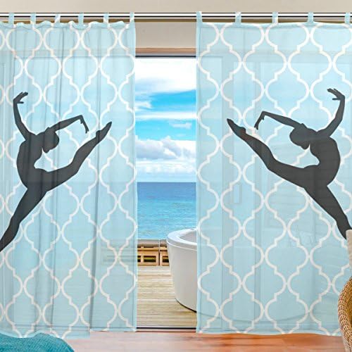 INGBAGS Bedroom Decor Living Room Decorations Gymnastics Silhouette Leap Pattern Print Tulle Polyester Door Window Sheer Curtain Drape Two Panels Set 55x78 inch ,Set of 2
