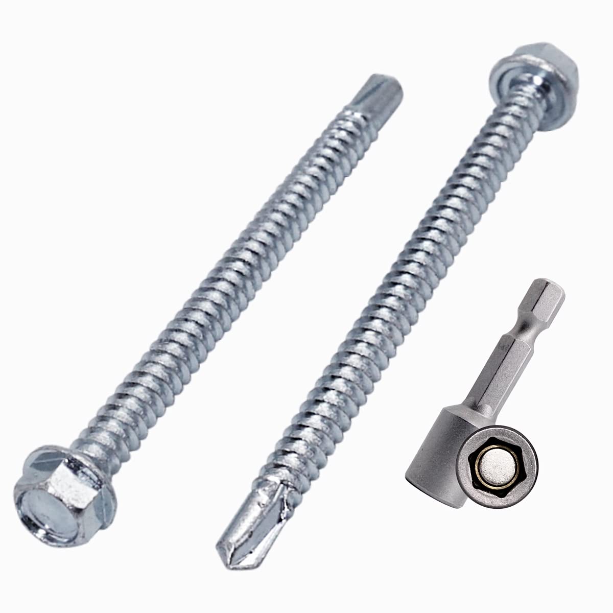 Marcopol (Pack of 20 pcs) DIN 7504 K Zinc Plated Steel 5.5 x 75 mm Screws, Self-Drilling Sheet Metal Screw, Hex Washer Head, Self Tapping (20, 5.5 x 75 mm), Silver
