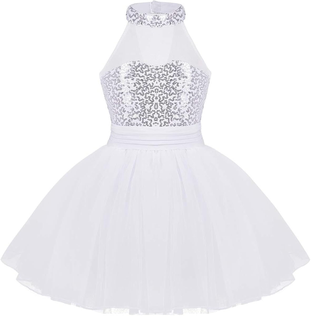 JEATHA Kids Girls Shiny Sequins Ballet Dance Costume Sleeveless Mock Neck Ice Roller Skating Dress Dancewear: Clothing