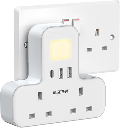 Mscien Double Plug Adaptor with USB C 2 USB A Night Light UK Plug