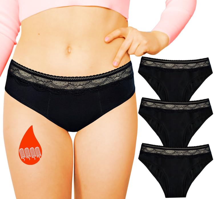 Very Abundant Flow Menstrual Panties - Organic Cotton Hygienic Underwear with 4 Layers of Absorbent Leak Proof Protection - Washable Ruler Panty Black for Teenage Girls - Pack of 3 - XS