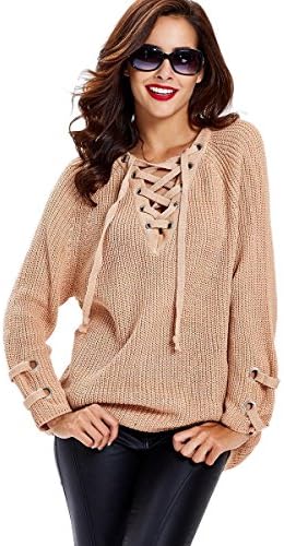 Kinikiss Women's Lace-up Loose Chunky V Neck Long Sleeve Sweater Knitwear Pullover