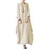Jacansi Women's Cotton Linen Dress with Pocket Oversized Loose Dress Kaftan Dress