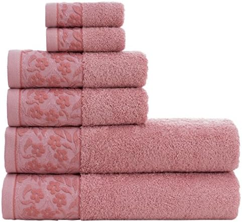 HALLEY Decorative Bath Towels Set, 6 Piece - Turkish Towel Set with Floral Pattern, Highly Absorbent & Fade Resistant Fabric, 100% Cotton - 2 Bath Towels, 2 Hand Towels, 2 Washcloths - Pink