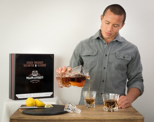 Whiskey Glass Set with Glass Whiskey Decanter - Set of 4 Old Fashioned Glasses with Bonus Granite Whiskey Stones - Great for Scotch and Bourbon - Whiskey Glasses - Perfect Holiday Gift (Cubed)