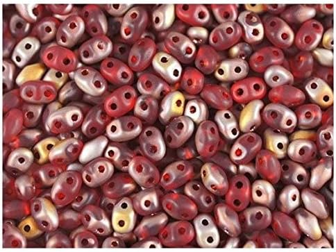 10 Grams (0,35 Ounces) Czech Pressed Glass Seed Beads with Two-Hole, MiniDuo 2x4 mm, Ruby Capri Gold Matte