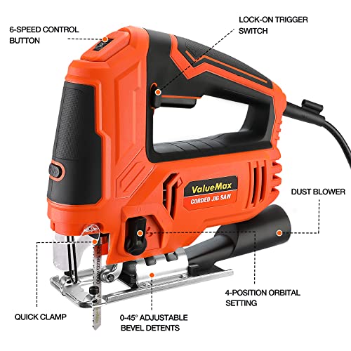 ValueMax Jig Saw, 6.5AMP Corded Electric Jigsaw with 6 Variable Speeds, 4-Position Orbital Setting, ±45° Bevel, Dust Blower and 6Pcs Blades, Jigsaw Tool Kit for Wood, Metal and Plastic Cutting