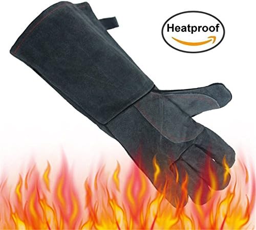 Dhakar Leather Grill BBQ Gloves, 662°F(350℃) Extreme Heat Resistant Oven Stove Fireplace Cooking Baking Barbecue Gloves Mitts with 16 inches Long Sleeve - One-Size-Fit-Most for Men &amp; Women (GRAY)