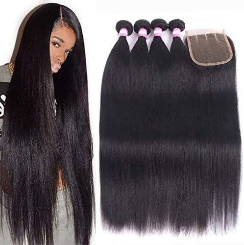 8A Brazilian Remy Hair With Lace Closure Straight Human Hair 5 Bundles Weave With 4x4 Closure 100% Unprocessed Virgin Straight Hair Extension Natural Color (28 28 30 30 30+Closure 22,Three Part)