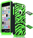 Bastex Heavy Duty Hybrid Case for iPhone 5c - Green Silicone / Black Zebra Print Stripes Hard Shell