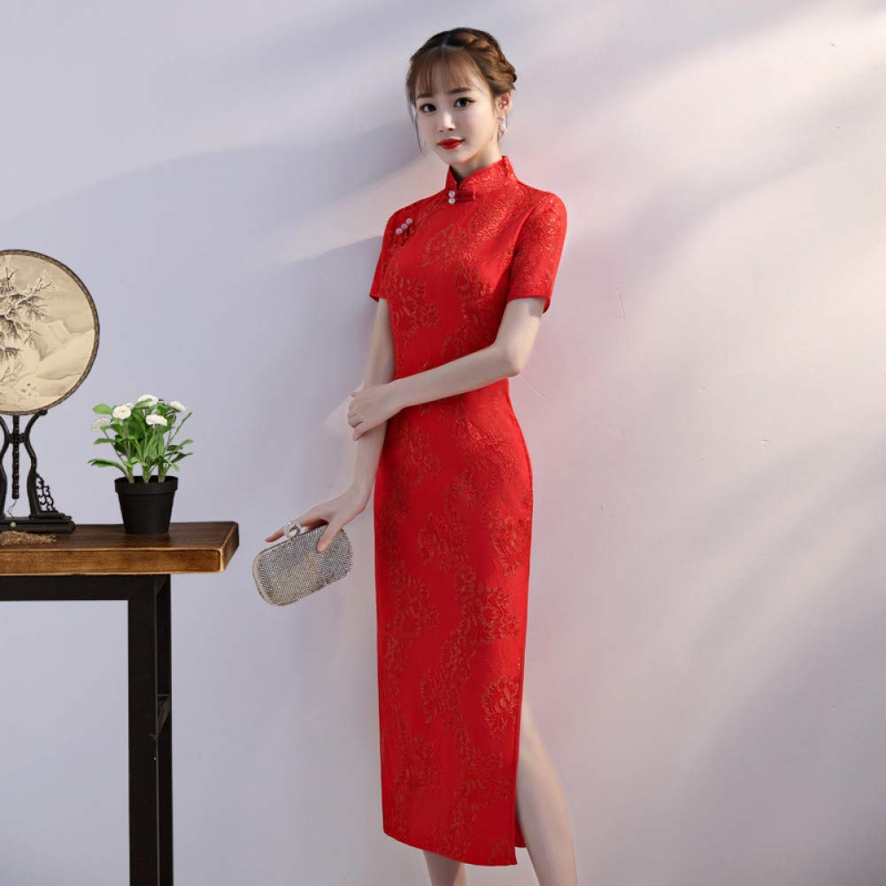 Qingxi Abito da riunione annuale in Abito Lungo da Donna Cheongsam Rosso Lungo Cheongsam per Il Corpo Abbigliamento sportivo Bambine e ragazze