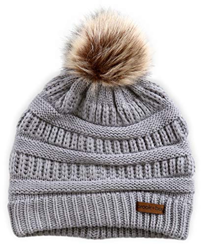 Brook + Bay Faux Fur Pom Pom Beanie for Women - Warm & Cute Cable Knit Winter Hats - Thick, Chunky & Soft Stretch Knitted Caps for Cold Weather - Stylish & Trendy Snow Beanies for Ladies
