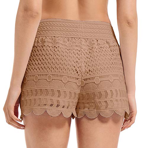 JTANIB Shorts for Women, Fitted Scallop Hem Crochet Casual Solid Floral Lace Shorts Khaki - Thumbnail 2