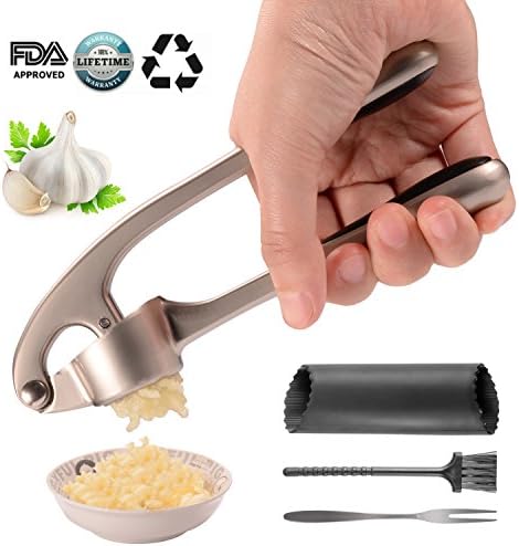 Garlic Press, garlic press stainless steel garlic mincer professional Kitchen Garlic Crusher Presser with Silicone Tube Peeler Garlic Press Self Cleaning Brush Fork Set, Garlic Chopper Dishwasher Safe