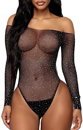 Tomppy Women Lingerie Sexy Fishnet Rhinestone Off Shoulder Teddy Bodysuits Ladies One Piece Babydoll Underwear Sleepwear