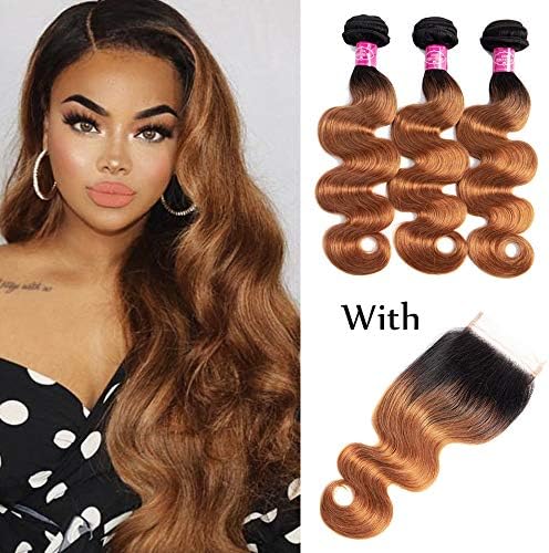 Ombre Body Wave Bundles With Closure T1B/30 100% Brazilian Virgin Hair Extensions Ombre Bundles With Closure Human Hair (12 14 16+12, 1b/30)
