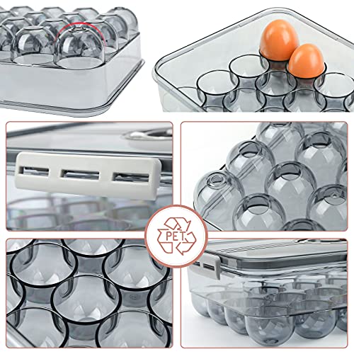 HANSGO Egg Holder for Refrigerator, Clear Egg Tray Storage Box with Lid Deepen and thicken Egg Storage Stackable PET Plastic Egg Containers Hold Up to 24 Eggs, Grey