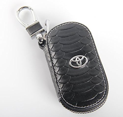 Key chain Bag Oval fish scale stripes Genuine Leather Ring Holder Case Car Auto Coin Universal Remote Smart Key cover Fob Alarm Security Zipper keychain Wallet Bag ( Black, Toyota)