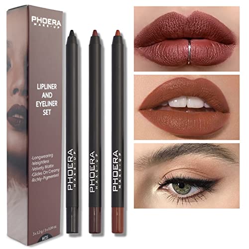 AQUAPURITY PHOERA® Lip Liner and Eye Liner 3Pcs Set, Long Lasting Eyeliner Pencil, Matte Lip Liner Pencil Set, Easy To Colour, Waterproof Shaping Lip Liner Set for Women and Girls (K05)