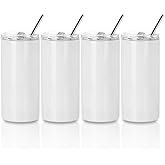 PYD Life Sublimation Blanks Kids Tumbler Skinny 16 OZ Straight Stainless Steel Coffee Cups with Lid and Metal Straw for Tumbler Heat Press Machine Sublimation Print 4 Pack