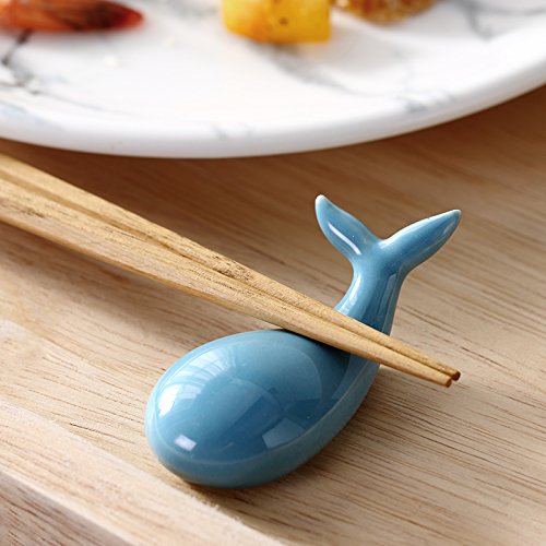 Colias Wing Dinnerware Accessory Lovely Whale Shape Design Porcelain Chopsticks Rest Set Dinner Spoons Stand Knife Fork Holder(Set of 4)-Blue/White